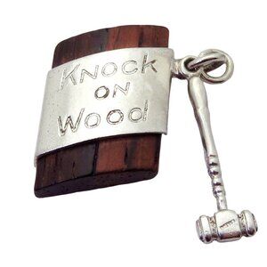 Vintage Sterling Silver Knock on Wood Good Luck Charm with Wooden Block & Gavel